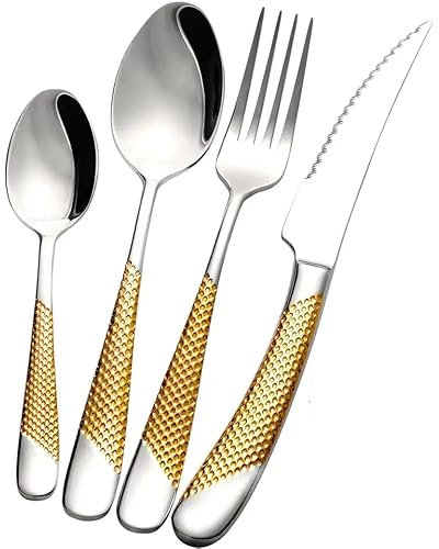 Exeton Luxury Signature 24PCS Cutlery Set, for 6 Person, Stainless Steel, Silver, Gold, 2-in-1 Steak Knives, Dishwasher Safe (Signature - Gold/Silver, 24)