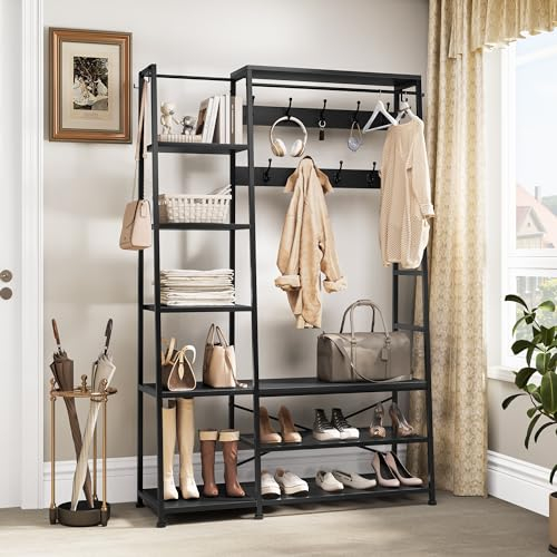 YITAHOME Coat Rack Stand with Shoe Storage, Floorstanding Hall Tree with Bench Industrial Coat Rack with 9 Hooks and 5 Shelves Clothes Rail for Bedroom Living Room Hallway Entryway, Black