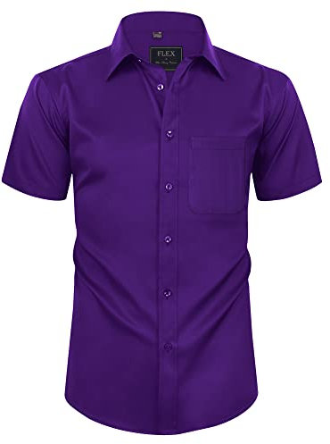 siliteelon Mens Shirts Short Sleeve Stretch Dress Regular Fit Casual Business Summer Shirt with Pocket Purple L