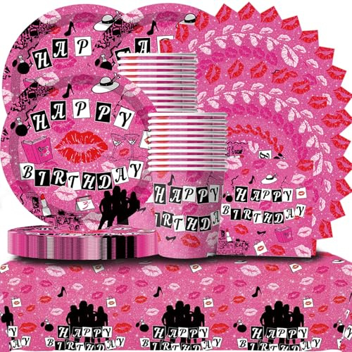 61Pcs Meangirl Birthday Table Deco, Lady decoration,Böse Mädchen, Rosa Mode MädchenParty Teller,Tassen, Tischtücher, Servietten Bachelorette Party Geschirr, Bat Mitzvah Party