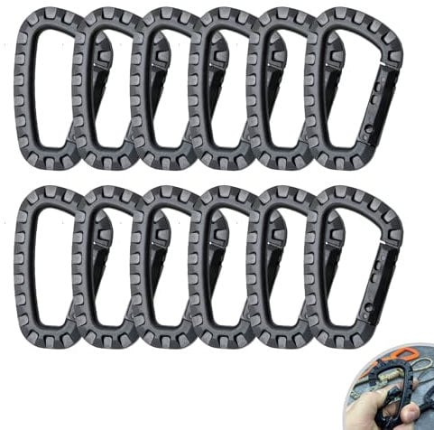 Pack of 12 Carabiners, D Shape Tactical Carabiner Clips, High Strength Plastic Keychain Hooks for Backpack, Camping, Hiking, Traveling, Fishing