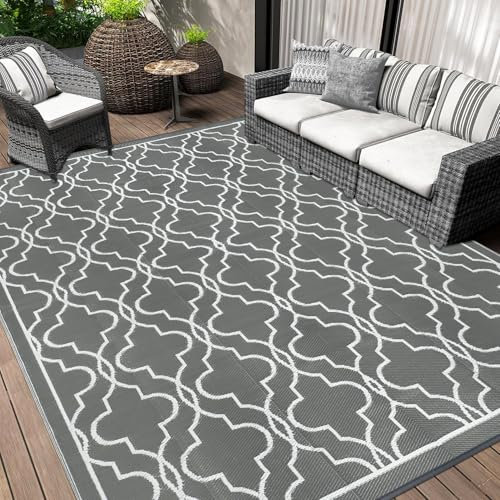 Cekene Outdoor Teppich Wetterfest Grau 245x305cm Patio Teppiche Outdoor Große Reversible RV Camping Matte Leichter Kunststoff Stroh Teppich Tragbarer für Picknick Veranda Deck Hinterhof BBQ