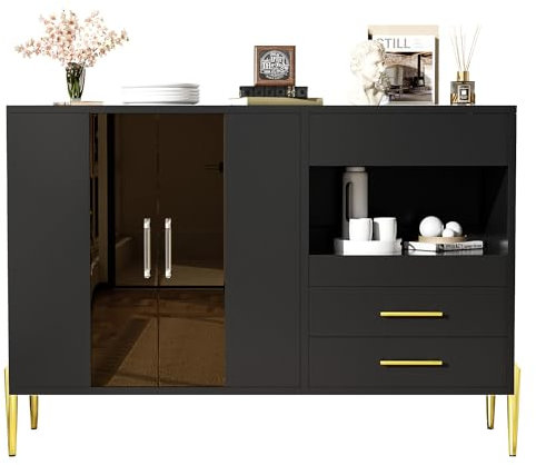 I0I&I0I Sideboard Modern Schwarz mit Glasfront in Teal, Goldenen Metallbeinen, Acrylgriffen, 3 Schubladen, 2 Türen, Höhenverstellbaren Einlegeböden, Wohnzimmer Kommode MDF & Glas (Schwarz + Gold)