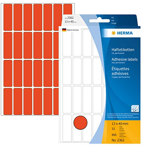 HERMA 2362 Vielzweck-Etiketten, 896 Stück, 13 x 40 mm, 28 pro Bogen, selbstklebend, Haushaltsetiketten zum Beschriften, matt, blanko Papier Klebeetiketten Aufkleber, rot