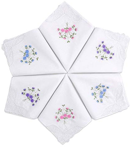 SelectedHanky Damen-Taschentücher aus Baumwolle mit Blumen bestickt mit Spitze, 6 Stück – sortiert