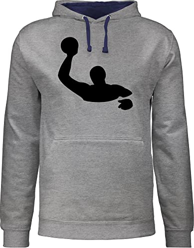 Pullover Herren Frauen Hoodie Kontrast zweifarbig - Wassersport - Wasserball - L - Grau meliert/Navy Blau - schwimmer sport pulli schwimmmotiv kapuzenpullover schwimmen hoody schwimm mit kapuze