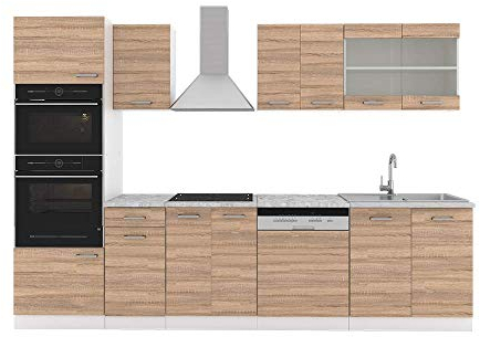 Vicco Küchenzeile R-Line, Sonoma/Weiß, 300 cm mit Hochschrank, AP Marmor