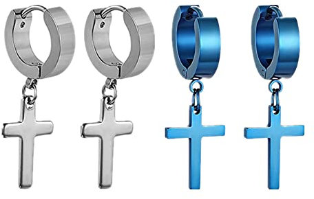 Flongo Herren Ohrstecker Creolen Damen Ohrringe, Edelstahl Ohrstecker Ohrringe Silber Blau Stecker Runden Kreuz Anhänger Jahrgang Männer, Frauen