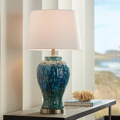Possini Euro Design Antique Asian Style Temple Jar 3-Way Table Lamps with Table Top Dimmer Handmade 27 Tall Teal Color Ceramic White Fabric Empire Shades for Living Room Bedroom House (Colors May