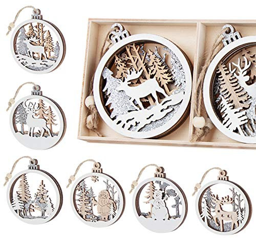 ABSOFINE Christmas Wooden Ornament 6Pcs Glitter Tree Hanging Decorations Hollow Fretwork Wood Carving Ornaments Sliver White Reindeer Ornaments Xmas Hanging Decoration Gift Tags