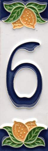 Hausnummern, italienische Keramikfliesen mit Zahlen und Buchstaben, Zitronen-Design, Fliesengröße: 10 cm x 3,5 cm, 3 bis 6 Fliesenrahmen (Nummer 6)