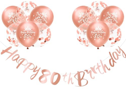 Happy 80th Birthday Banners Women 80th Birthday Banner Bunting Rose Gold Including 12 Pack 12” Latex Balloons Women Decorations Supplies