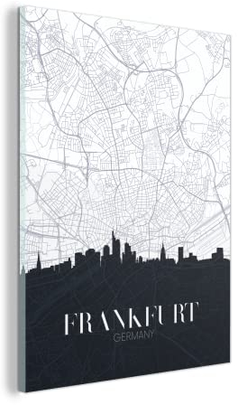 MuchoWow Glasbild Glasfoto Wandbild Bilder Deko 90x120 cm Karte - Frankfurt - Skyline - Schwarz - Weiß