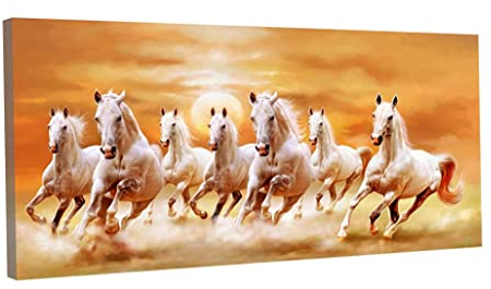 Sieben laufende weiße Pferde Tiere Leinwand Malerei Wandkunst Bild für Wohnzimmer Bürodekoration Studium Dekorative Gemälde 30x60 cm (12x24 Zoll) Innenrahmen
