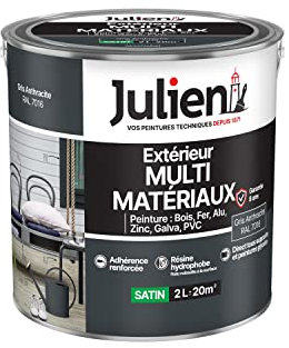 Julien Peinture Multi-Matériaux Satin en phase Aqueuse - Bois, Fer, Alu, PVC, Zinc, Acier galvanisé, brut ou peint - Gris Anthraracite 2 L