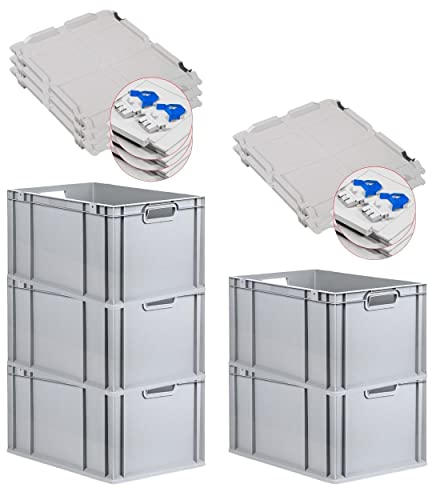 PROREGAL SuperSparSet 5x Eurobox NextGen Grip mit Deckel & blauen Verschlüssen | HxBxT 32x40x60cm | 65 Liter | Griffe offen | Verstärkter Boden | Eurobehälter Transportbox Transportbehälter