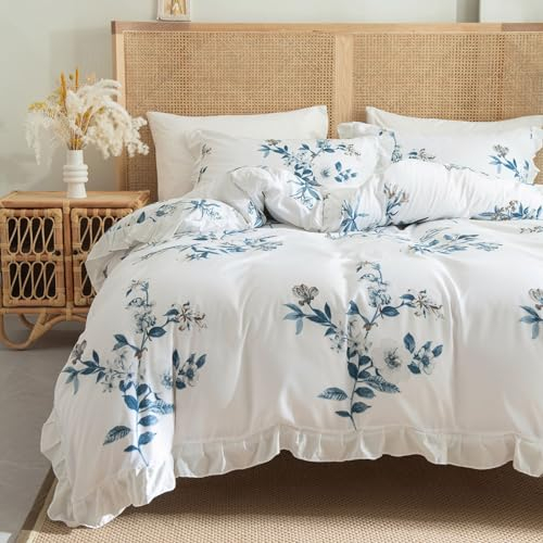 Freyamy Bettwäsche 135x200cm 4teilig Weiß Blau Blumen Rüschen Wendebettwäsche Microfaser Weiche Bettwaren-Sets Mädchen Bettbezug 2 Bettdeckenbezüge mit Reißverschluss und 2 Kissenbezug 80x80cm