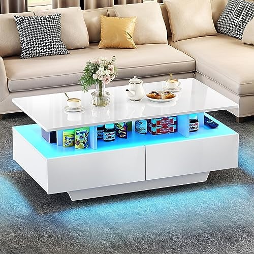 YITAHOME Couchtisch Weiß, Wohnzimmertisch Hochglanz mit 16-Farbiger LED Beleuchtung Modern, Beistelltisch Weiss mit Offenem Ausstellungsregal und 4 Ausziehbaren Schubladen 90x55x41,1 cm 