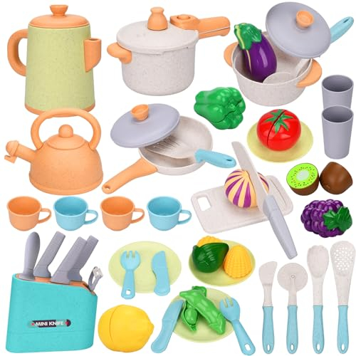 YUTUY Juguetes de Cocina para Niños Accesorios,42 Piezas Utensilios Cocina Juguete,Juego de ollas y sartenes,Frutas y Verduras Juguete,Cocinitas de Juguetes para Niños Niñas 3 4 5 Años