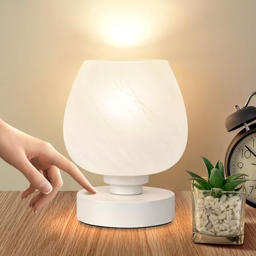 Soilsiu Bedside Table Lamp - Touch Small Lamp for Bedroom Nightstand, 3-Way Dimmable, White Opal Glass Shade, Warm LED Bulb Included