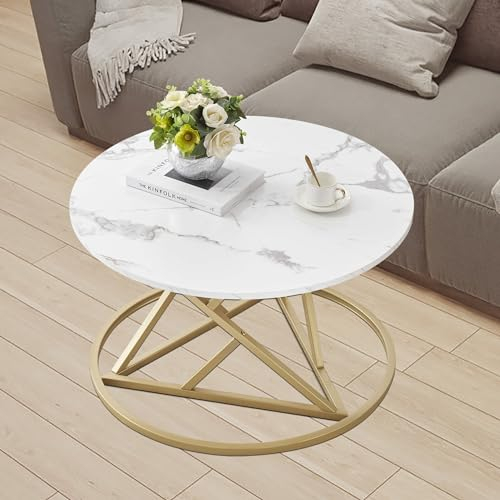 GOKHOMX Table Basse de Salon Ronde, Meuble Table Salon Basse en Effet Faux Marbre Blanche Moderne avec Pieds en Métal pour Salon Chambre Bureau Café, Ø 80 cm, Blanc et Or