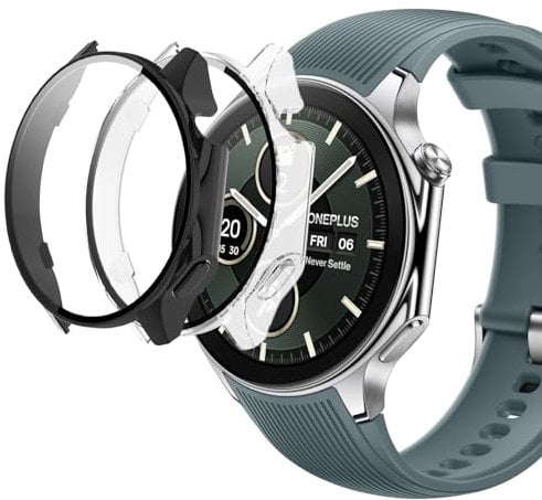 MEMELOKA Funda para OnePlus Watch 2 con Cristal Templado, 2 Piezas Ultra Delgada Anti-Rasguños Rígido PC Carcasa + Alta Sensibilidad Protector de Pantalla, Negro y Transparent