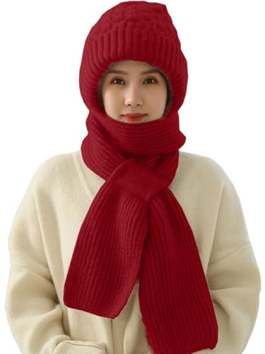 CheChury Femme Bonnet Echarpe 2 en 1 Tricotés Ensemble Femme Hiver Bonnet Echarpe de Doublure Polaire Une pièce Bonnet avec Cache-Cou Élégant pour Femme,Rouge