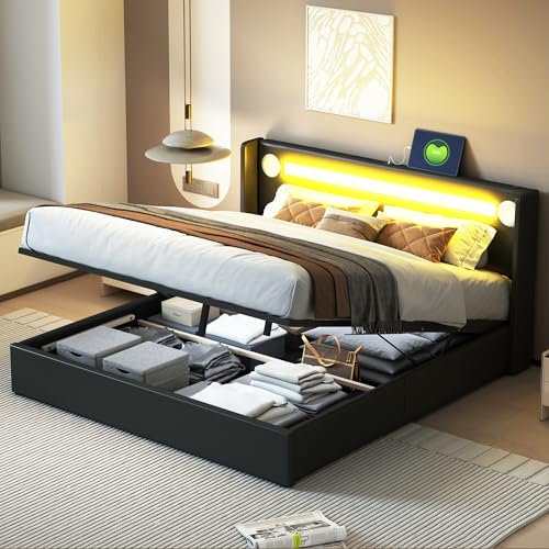 Polsterbett 160x200 cm mit LED-Licht, Bluetooth-Player, USB-Ladeanschlüssen, PU-Leder, hydraulischem Stauraum, Schwarz, Doppelbett mit Lattenrost, bis 300 kg belastbar, inkl. Werkzeug