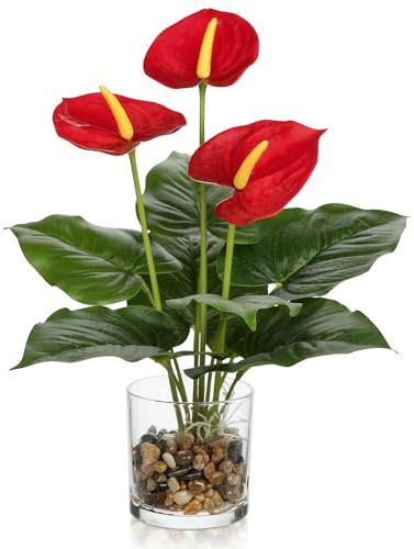 Briful 15.4 Artificial Flowers Red Anthurium in Glass Vase with Pebbles, 39cm Tall Fake Plants Real Touch Flowers - Decorative Artificial Plants for Living Room, Bathroom Shelf Decor