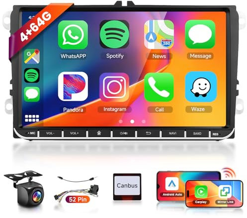4G+64G Android 13 Car Stereo for VW Polo Golf Passat SEAT MK5 MK6 with DSP/Wireless Carplay/Android Auto, Hodozzy 9 HD Touchscreen BT 5.0 Car Radio GPS WiFi FM/RDS Camera+52 pin power cable