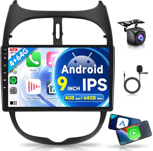 4G+64G Sans Fil Carplay Android Autoradio pour Peugeot 206 206CC 206SW 2000-2016 Citroen C2 2002-2010 avec Android Auto GPS Navi WiFi 9 Pouces Autoradio avec Bluetooth FM/RDS/32 EQ/SWC Caméra de Recul