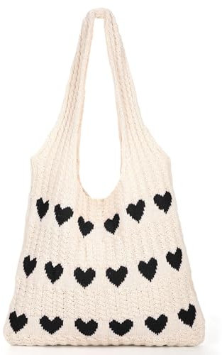 JasGood Strandtasche Damen Gestrickte Tasche Beach Tote Bag Sommer Boho Strick Shopper Tasche mit Cute Herzmuster Umhängetasche Schultertasche für Frauen,Beige mit Schwarzes Herz