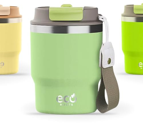 ECOROOTS Evergreen - Termo Café para Llevar 360 ml | Vaso Térmico Acero Inox. Sin BPA | Tapa Antifugas con Pajita para Café, Agua, Té o Smoothies | Ideal para Cualquier Bebida y Ocasión (VERDE FRESH)