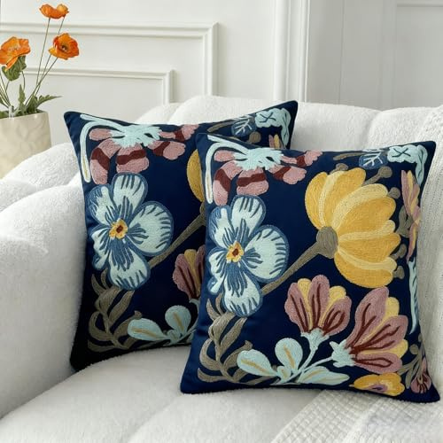 Teenzoor 18x18 Embroidered Throw Pillow Covers Set – Blue Pumpkin Blossom Cotton Decorative Cushion Covers with Hidden Zipper, Farmhouse Boho Sofa Couch Bedroom Outdoor Décor (2 Pack)