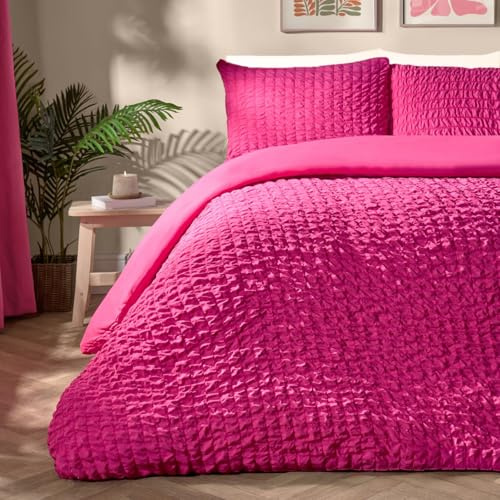 OHS Pink King Size Duvet Cover Sets, Gifts for Women Geometric Seersucker Duvet Cover Luxurious Embossed Waffle Bedding Quilt Covers King Size with Matching Pillowcases, Hot Pink
