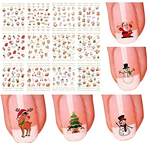 Boodtag 12 Pcs Selbstklebende Nagel Sticker Weihanachten Design mit Weihnachtsbaum Schneemann Rentier Geweih