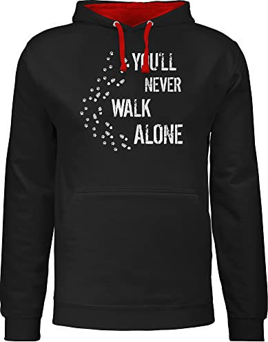 Pullover Herren Frauen Hoodie Kontrast zweifarbig - Geschenk für Hundebesitzer - You'll never walk alone Gassi - M - Schwarz/Rot - damen hundepullover hundefan hund pulli hundefans dog walker