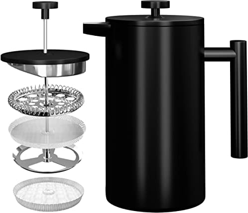KICHLY Stainless Steel French Press - Double Wall Coffee Press - Stainless Steel Plunger Coffee & Tea Maker Silver, 1.0 Litre (1 Piece)