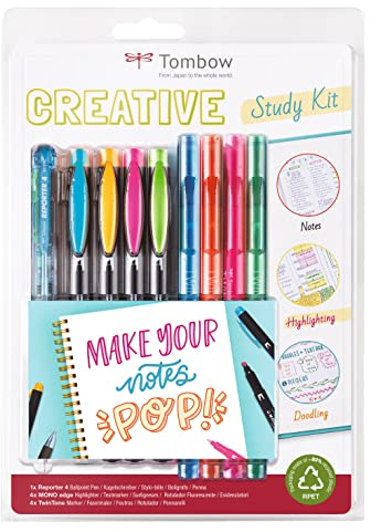 Tombow STUD-SET, Kreatives Set für visuelle Stiche, Selbstorganisierung, Sketchnotes und alle deine Notizen, 8 Marker mit doppelter Spitze & 1 4-Farb-Kugelschreiber, bunt