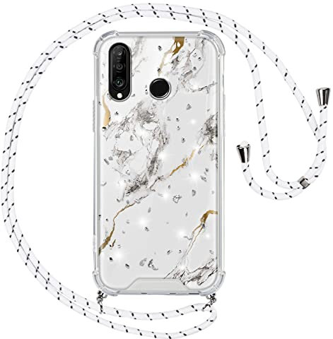 Vauki Handykette für Huawei P30 Lite Hülle mit Band,Silikon Durchsichtig Marmor Glitzer Motiv Transparent Stoßfest Bumper mit Kette Kordel zum Umhängen Handyhülle für Huawei P30 Lite,Weiß