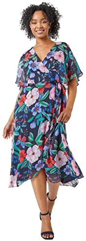 Roman Frill Dress for Women UK Ladies Summer Wrap Chiffon Frill Hem Layered Belted Midi Maxi Tiered Cape Special Occasion Fit & Flare Wedding Guest Swing Skater Navy Pink