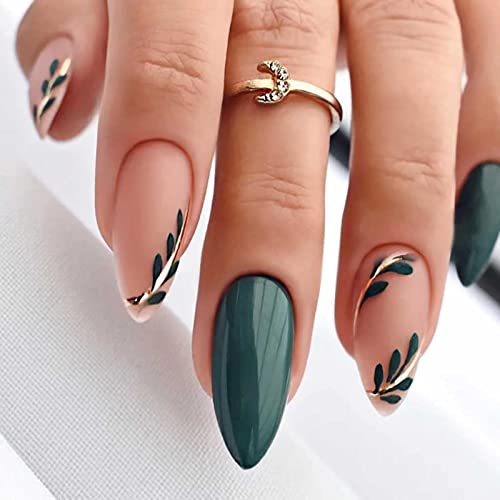 XIXKOLYU® Fall Press on Nails Ongles Longs en Acrylique Amande Faux Ongles Ongles Verts Ongles à Couverture complète pour Les Femmes