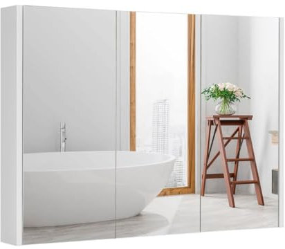 Multigot Bathroom Mirror Cabinet, Wall Mounted Storage Cupboard with Shelf, Living Room Display Organizer Unit (Three Door, White)