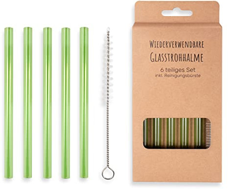 5 Stück Glasstrohhalme Grün | wiederverwendbar | Glastrinkhalm | Spülmaschinenfest | inklusive Reinigungsbürste | 15 cm lang, 5 Stück | +Bürste