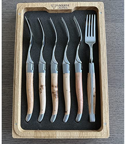 Laguiole en Aubrac Luxury Stainless Steel Forks 6-Piece Set with Juniper Wood Handles, Stainless Steel Matte Bolsters