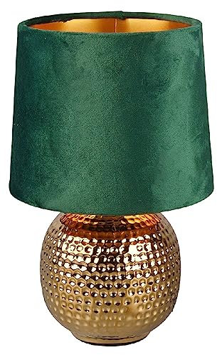 Gold Ceramic Vintage Hammered Globe Table Desk Lamp with Green Velvet Shade | 26cm Height | 1 x SES E14 Lamp Bulb Required | UK Approved | Retro Design | Tapered Drum Lampshade