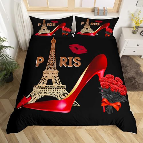 Tour Eiffel Filles Housse de Couette 200x200,Femmes Talons Hauts Fleurs Rose Ensemble de Literie Rouge Noir Romantique Paris Thème Parure de Lit Lèvres Papillon Couvre Lit Cadeau Chambre Décor
