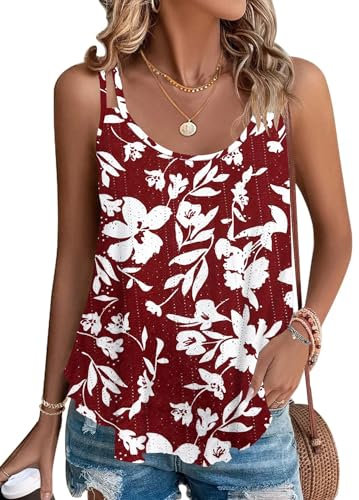 WNEEDU Tops sans Manches débardeur d’été Femmes Gilet de Cou Chemisiers décontractés lâches Chemises pour Femmes Gilets pour Dames Chemise Caraco débardeurs de Base Fleur Rouge et Blanche S