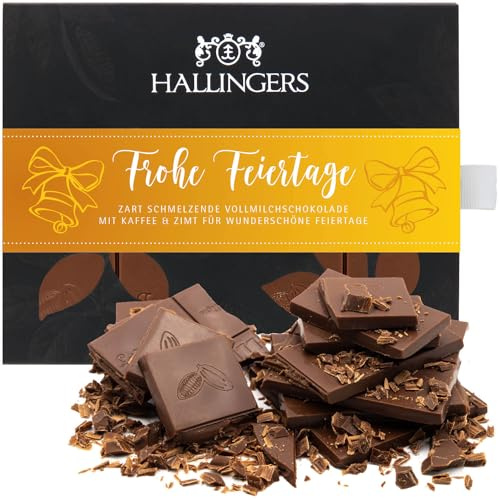 Hallingers Genuss Manufaktur Schokolade Weihnachts-Geschenk - Tafel handgeschöpften Edelkakaos ohne Alkohol edler Karton Frohe Feiertage Kaffee-Zimt, Weihnachten für Frauen Männer