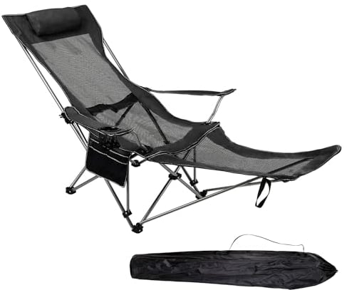 Livhome Camping Chairs Folding Recliner Chair Adjustable with Detachable Footrest Headrest Cupholder Pocket Lightweight Portable Reclining Camp Fold up for Outdoor Beach Garden (Black) (31141)